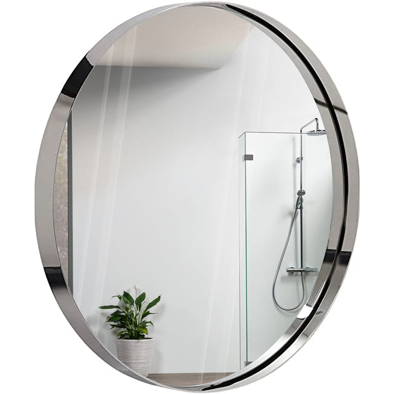 24 inch contemporary silver round mirror with polished metal frame