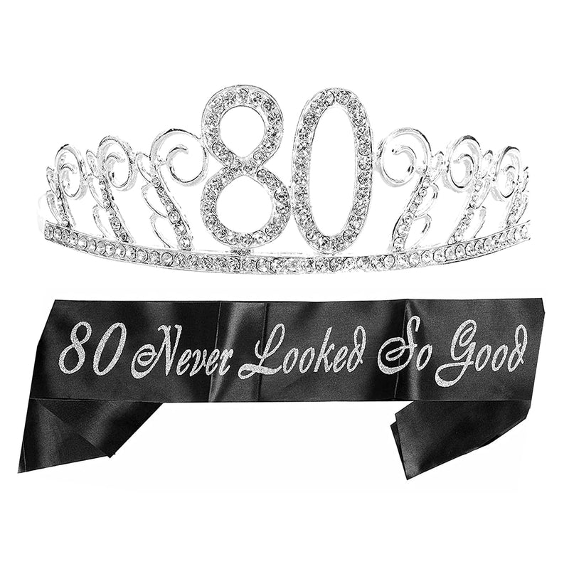 80th Birthday Sash and Tiara for Women - Fabulous Glitter Sash + Floating Heart