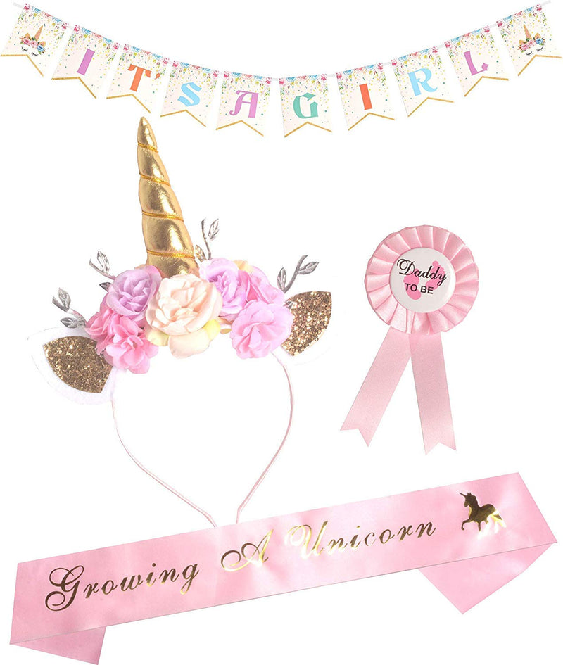 Pink Unicorn Headband and Pin Set for Mommy To Be with Unicorn Sash and Pin