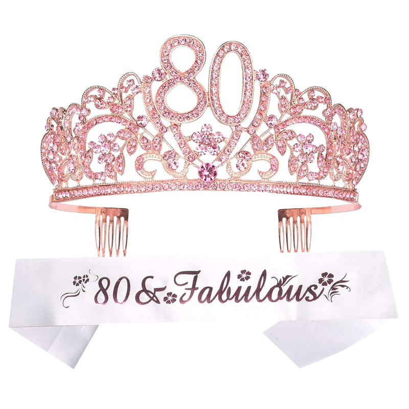 80th Birthday Sash and Tiara for Women - Fabulous Glitter Sash + Flowers