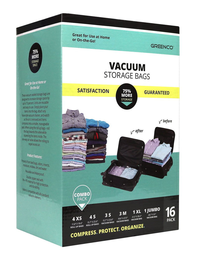 Space saving, vacuum sealed storage bags in a pack of 16, combined value pack