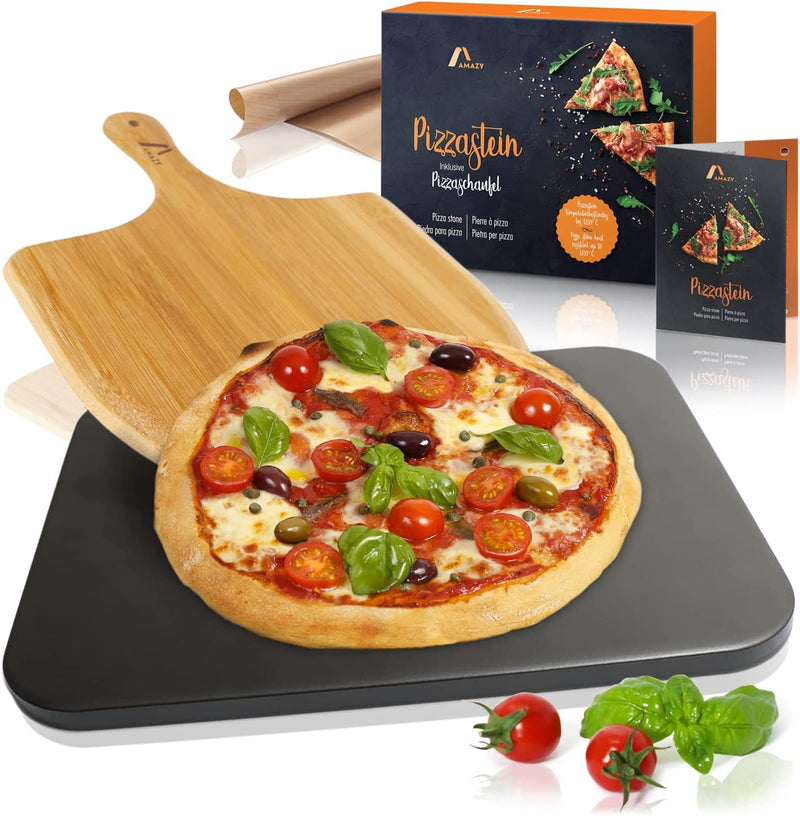 Pizza stone including bamboo pizza shovel, permanent baking foil and recipe booklet