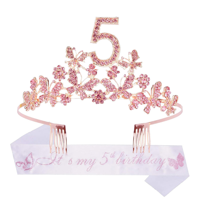 Girls 5th Birthday Sash and Tiara - Fabulous Glitter Sash + Butterflies