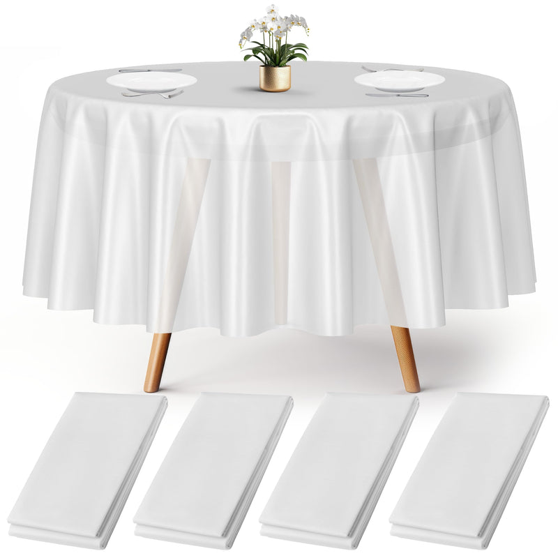 4 White Round Plastic Tablecloths 84" Disposable Tablecloths White