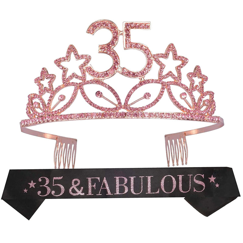 35th Birthday Sash and Tiara for Women - Fabulous Glitter Sash + Stars