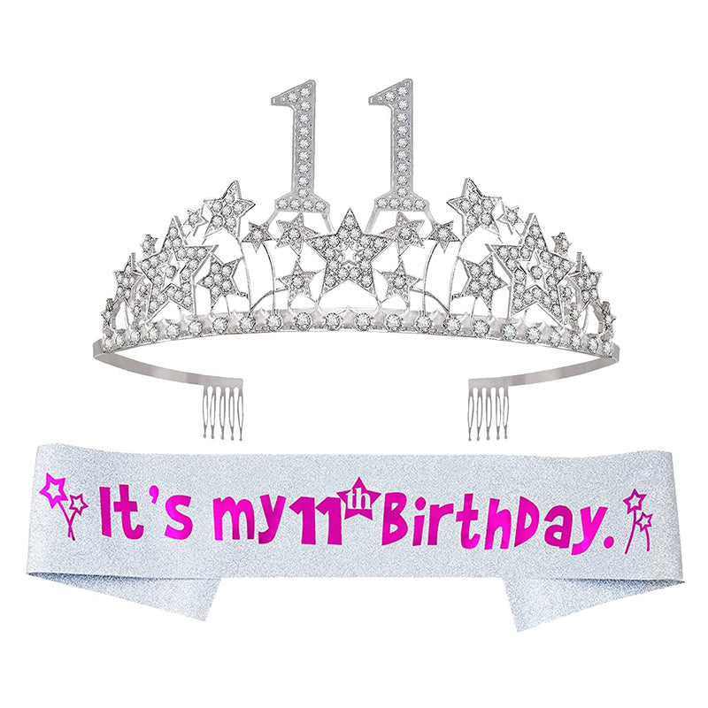 Girls 11th Birthday Sash and Tiara - Fabulous Glitter Sash + Starry Sky