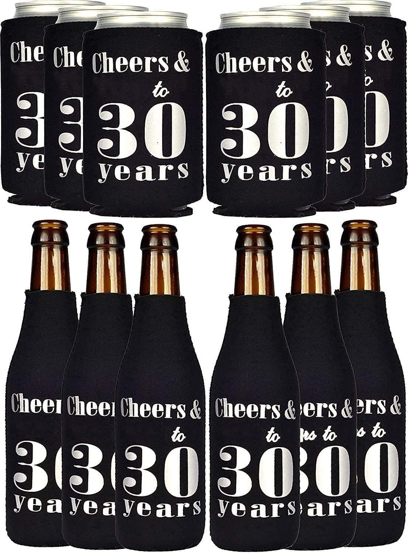 30th Birthday Can Cooler Set - 12 Black and Silver Bottle Coolers