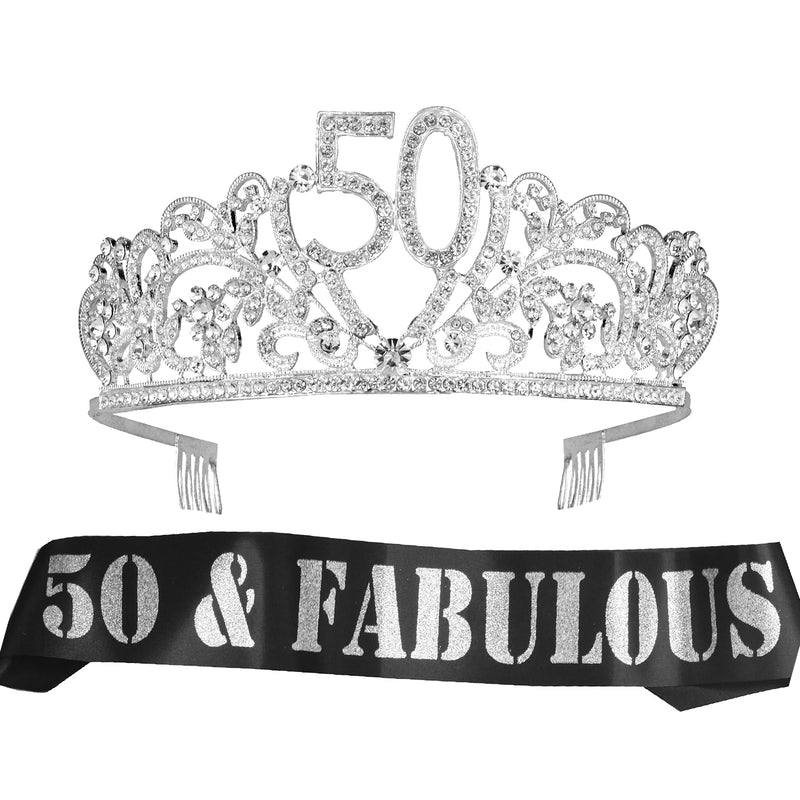 50th Birthday Sash and Tiara for Women - Fabulous Glitter Sash + Flowers