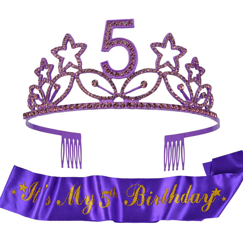 Girls 5th Birthday Sash and Tiara - Fabulous Glitter Sash + Stars