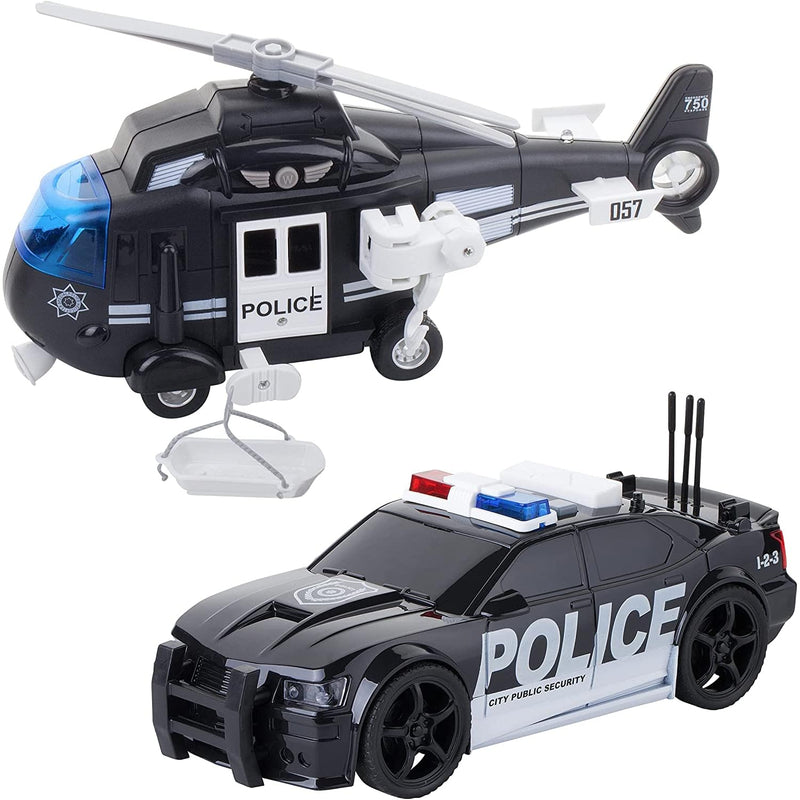 Friction-powered emergency vehicle toy set, including police car