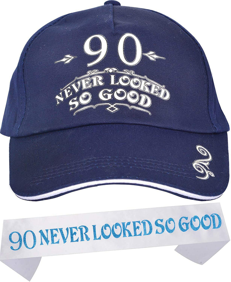 90th Birthday Gifts for Men - Baseball Cap and White 90th Birthday Sash