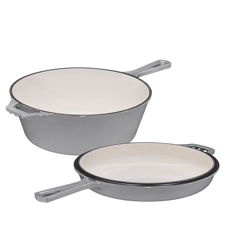 2-in-1 Enamelled Cast Iron Pot with Lid, 3qt Cast Iron Dutch Oven and Frying Pan Combo