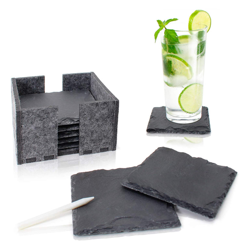 Slate coaster set (8 pieces) including chalk pen. Decorative glass coasters