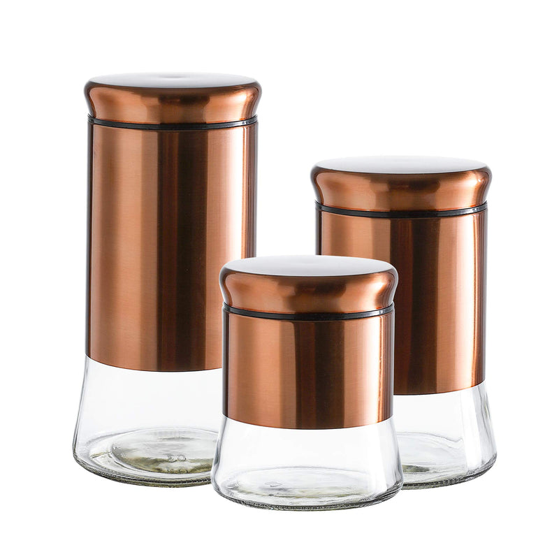 Glass Canisters, Spice Jars, Bronze Lid and Cover, Set of 3