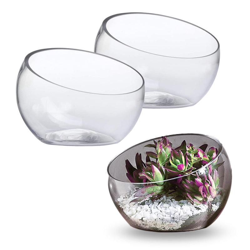 Glass vase with oblique cut, width 17.8 cm, height 12.7 cm, transparent terrarium glass