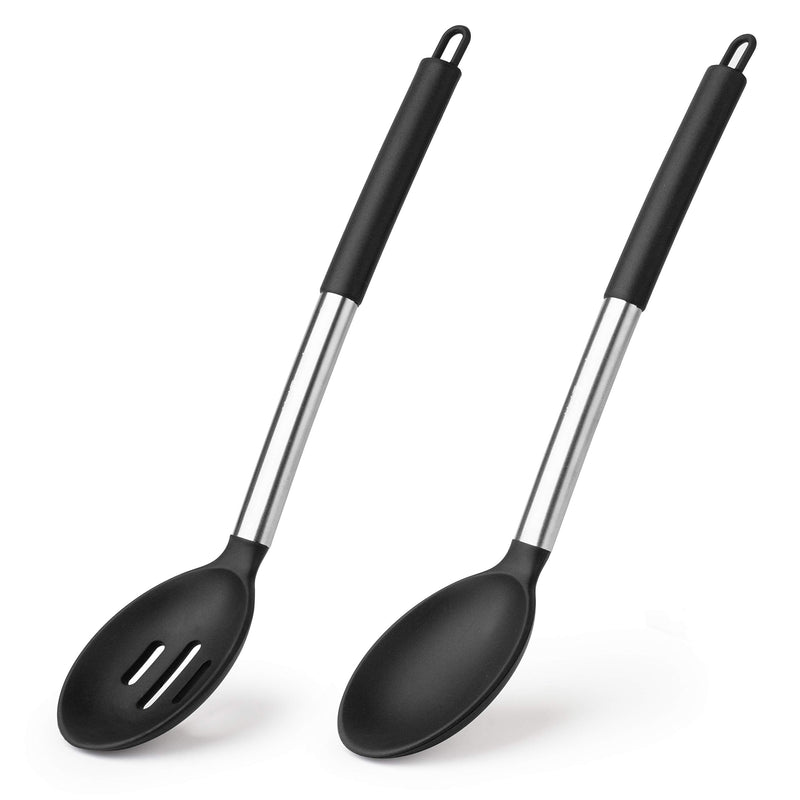 Solid and slotted wooden spoon. Large silicone cooking spoon, non-stick coating, solid