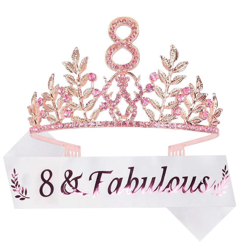 Girls 8th Birthday Sash and Tiara - Fabulous Glitter Sash + Leaf Rhinestones