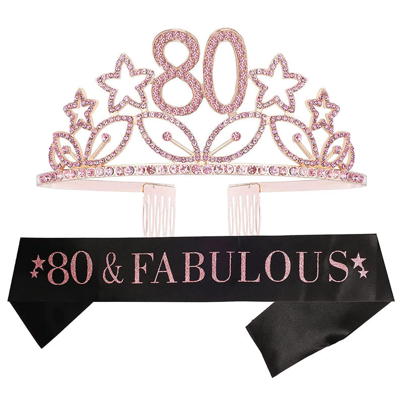 80th Birthday Sash and Tiara for Women - Fabulous Glitter Sash + Stars