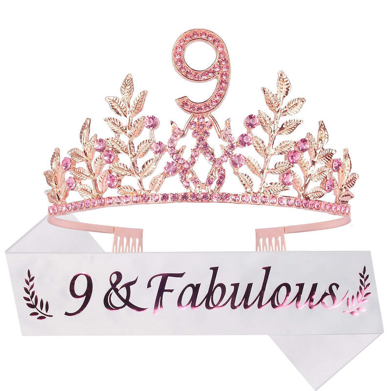 Girls 9th Birthday Sash and Tiara - Fabulous Glitter Sash + Leaf Rhinestones