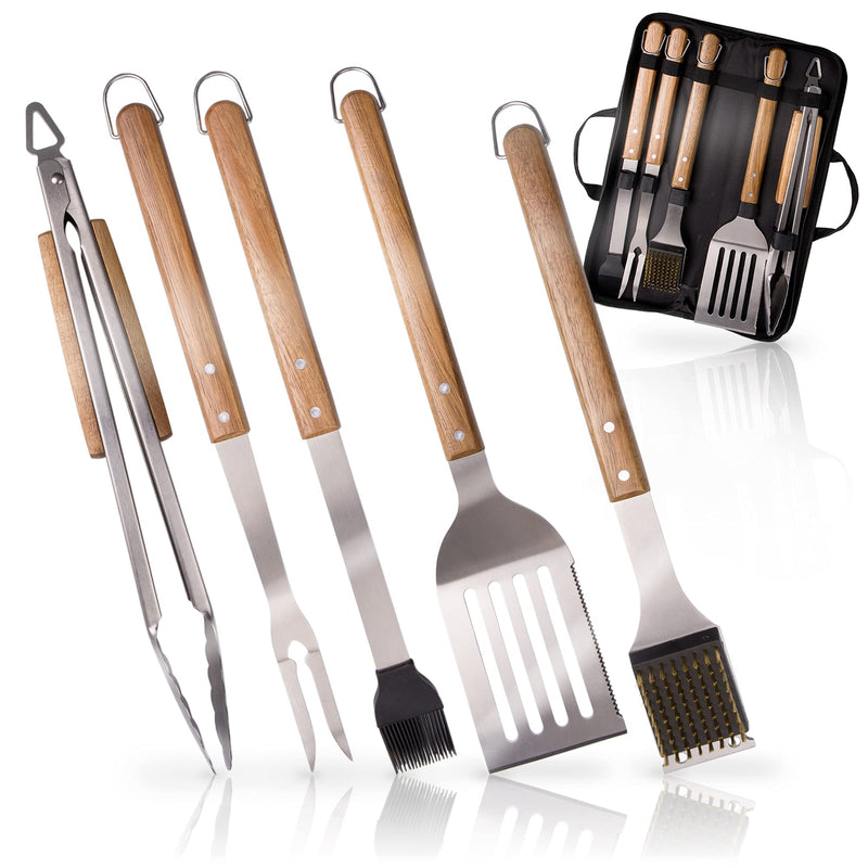 Barbecue cutlery set of 5 made of stainless steel, high-quality acacia wood, barbecue tool