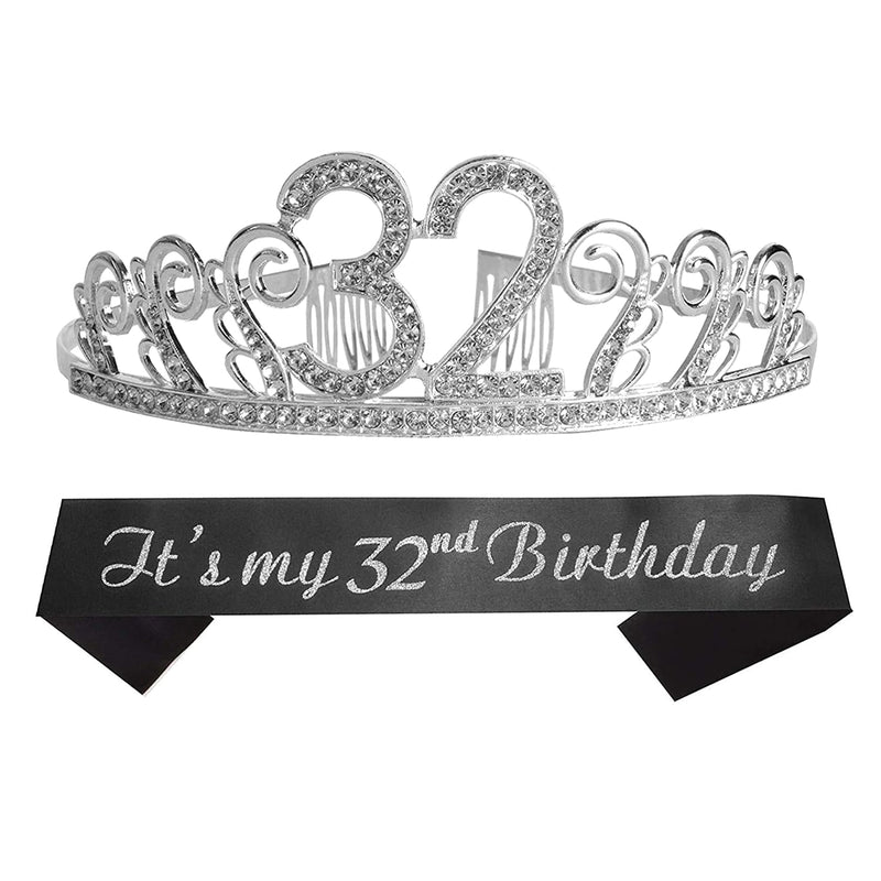 32nd Birthday Sash and Tiara for Women - Fabulous Glitter Sash + Waves