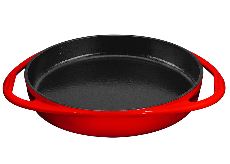 Red enameled, round cast iron baking tray