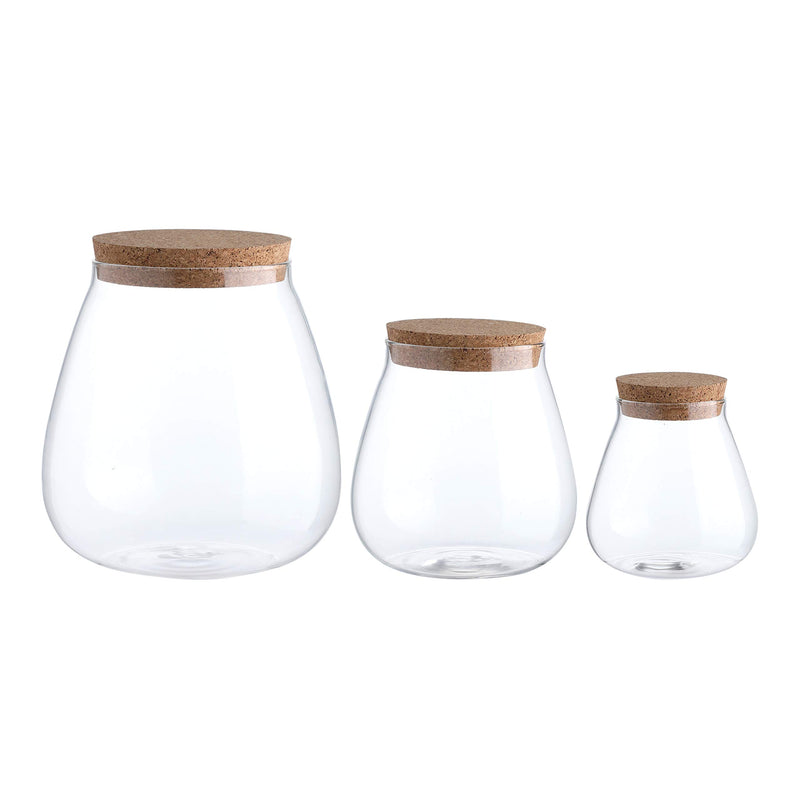 Set of 3 glass storage containers with cork lids, capacity 60/30