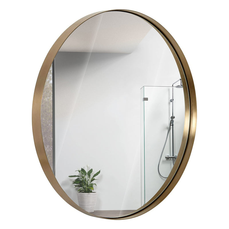 30 inch gold round mirror with brushed metal frame, contemporary classic