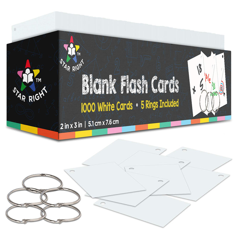 Blank Flashcards for Learning - 2" x 3" Blank Flashcards - 1000 Pre-Holed Cards