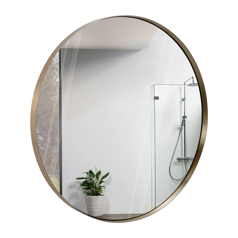 35 inch gold round mirror with brushed metal frame, contemporary classic