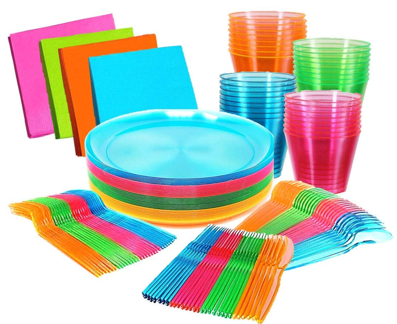 Neon Glow Party Supplies, Serves 32 - Disposable Hard Plastic Party Neon Plates