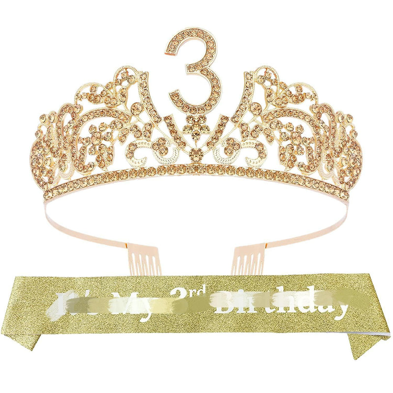 Girls 3rd Birthday Sash and Tiara Set - Glitter Sash + Rhinestones