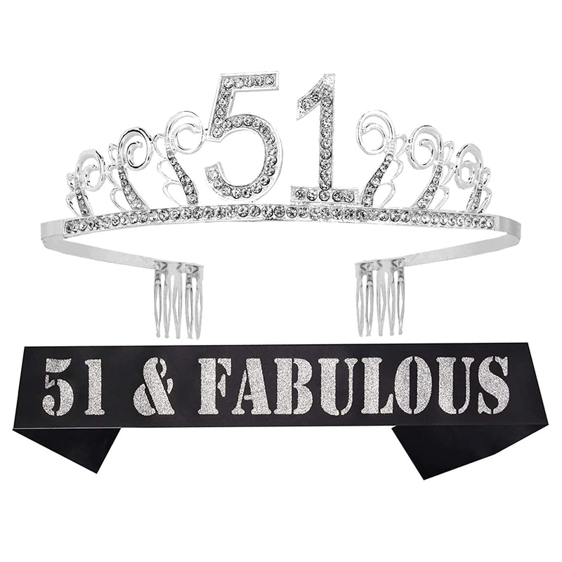 51st Birthday Sash and Tiara for Women - Fabulous Glitter Sash + Waves