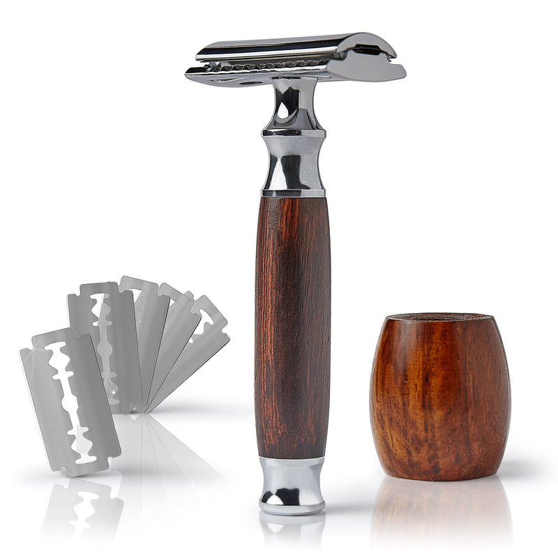 Safety razor set with wooden handle including 5 blades and safety razor holder