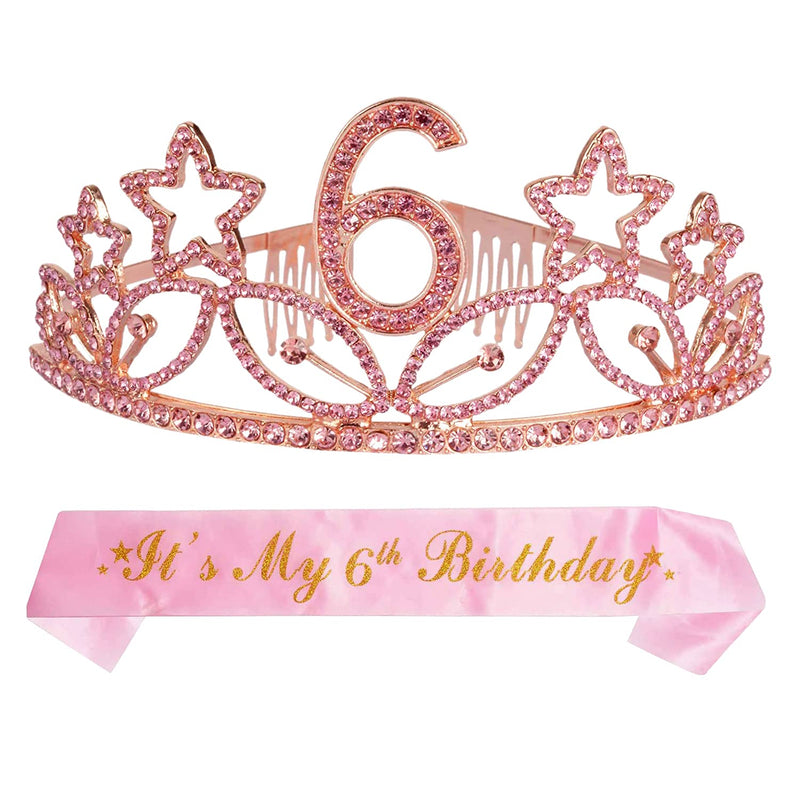 6th Birthday Sash and Tiara for Her - Fabulous Glitter Sash + Star Rhinestones