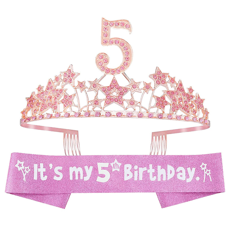 Girls 5th Birthday Sash and Tiara - Fabulous Glitter Sash + Starry Sky