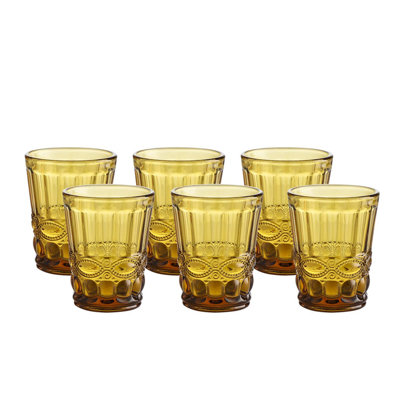 Vintage Style Amber Glassware Pressed Pattern Set of 6 8oz Embossed Design