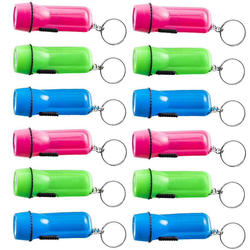 Mini Flashlight Keychains - Pack of 12 in assorted colors, green, light blue and pink