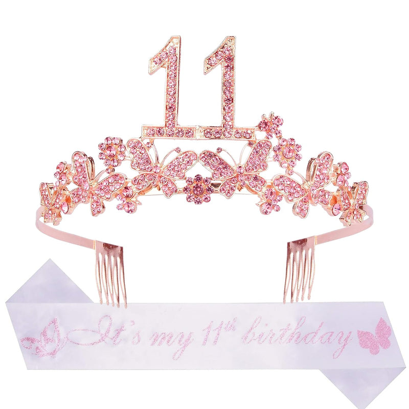 Girls 11th Birthday Sash and Tiara - Fabulous Glitter Sash + Butterflies