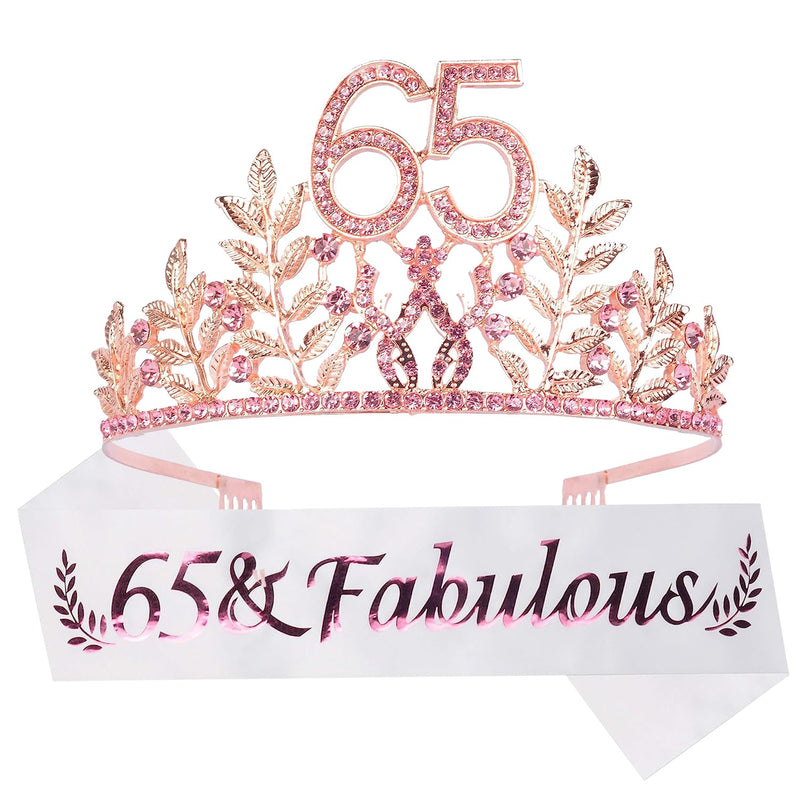 65th Birthday Sash and Tiara for Women - Fabulous Glitter Sash + Leaves