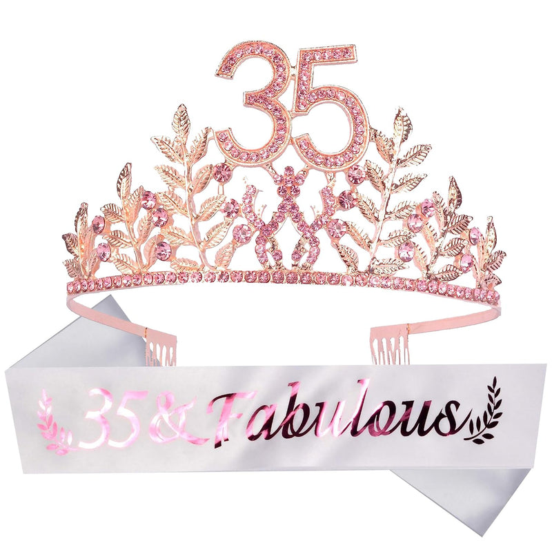 35th Birthday Sash and Tiara for Women - Fabulous Glitter Sash + Leaves