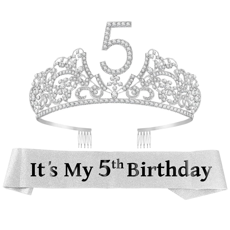 Girls 5th Birthday Sash and Tiara - Fabulous Glitter Sash + Flowers