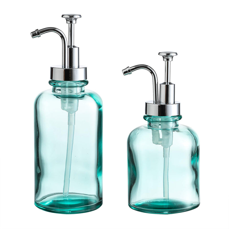 Blue Clear Glass Bathroom Lotion and Soap Dispenser Set, 12 and 10 Ounces