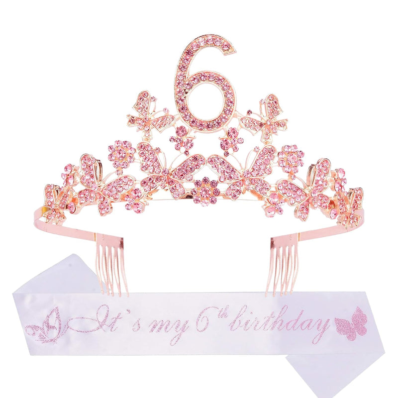 Girls 6th Birthday Sash and Tiara - Fabulous Glitter Sash + Butterflies