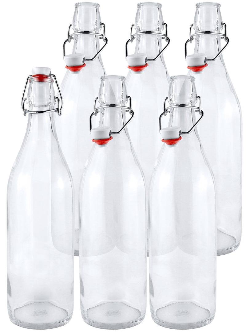 Clear Glass Swing Top Bottles 473ml Set of 6 clear bottles with single cap and stopper