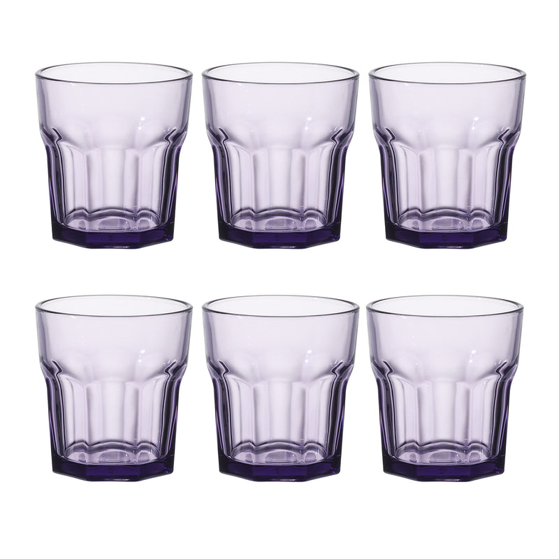 Double old-fashioned glasses, drink glass, colored cups and water