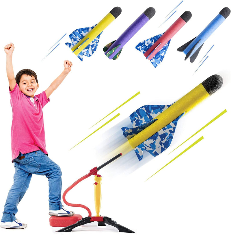 The toy rocket launcher for kids shoots colorful foam rockets up to 120 feet long