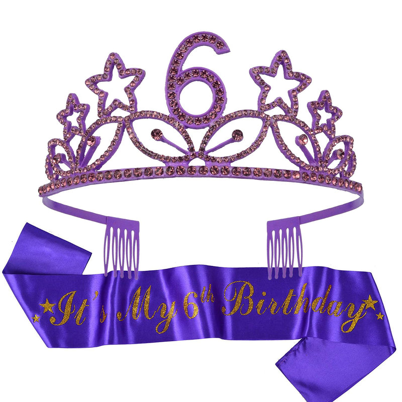 Girls 6th Birthday Sash and Tiara - Fabulous Glitter Sash + Star Rhinestones