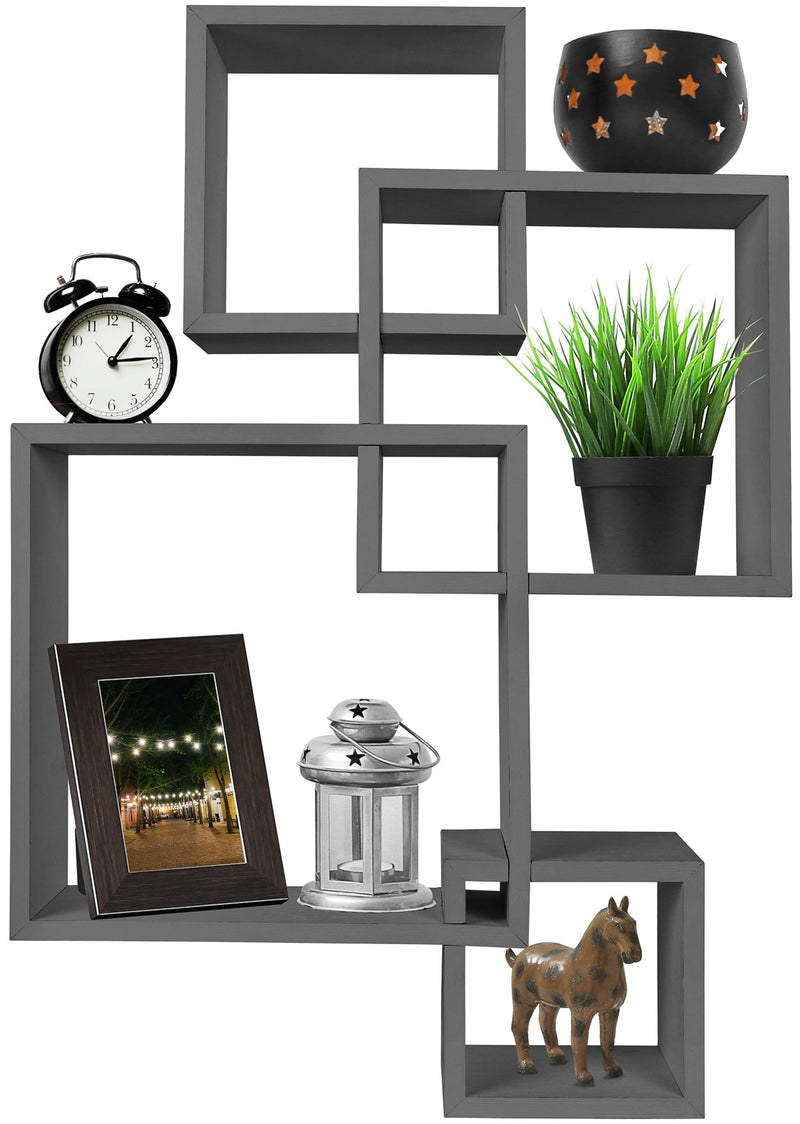 Gray Floating Cube Shelves - Overlapping Wall Shelves - Bedroom Decor