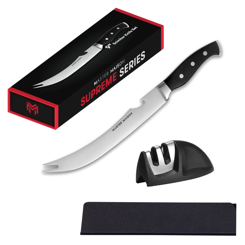 9" professional stainless steel scimitar knife set with double sharpener